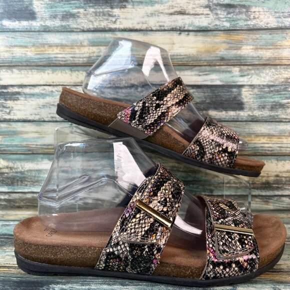 EARTH ORIGINS Orra Slide Sandals Womens Size 8.5W Multicolor Leather Snake Print - Picture 1 of 12